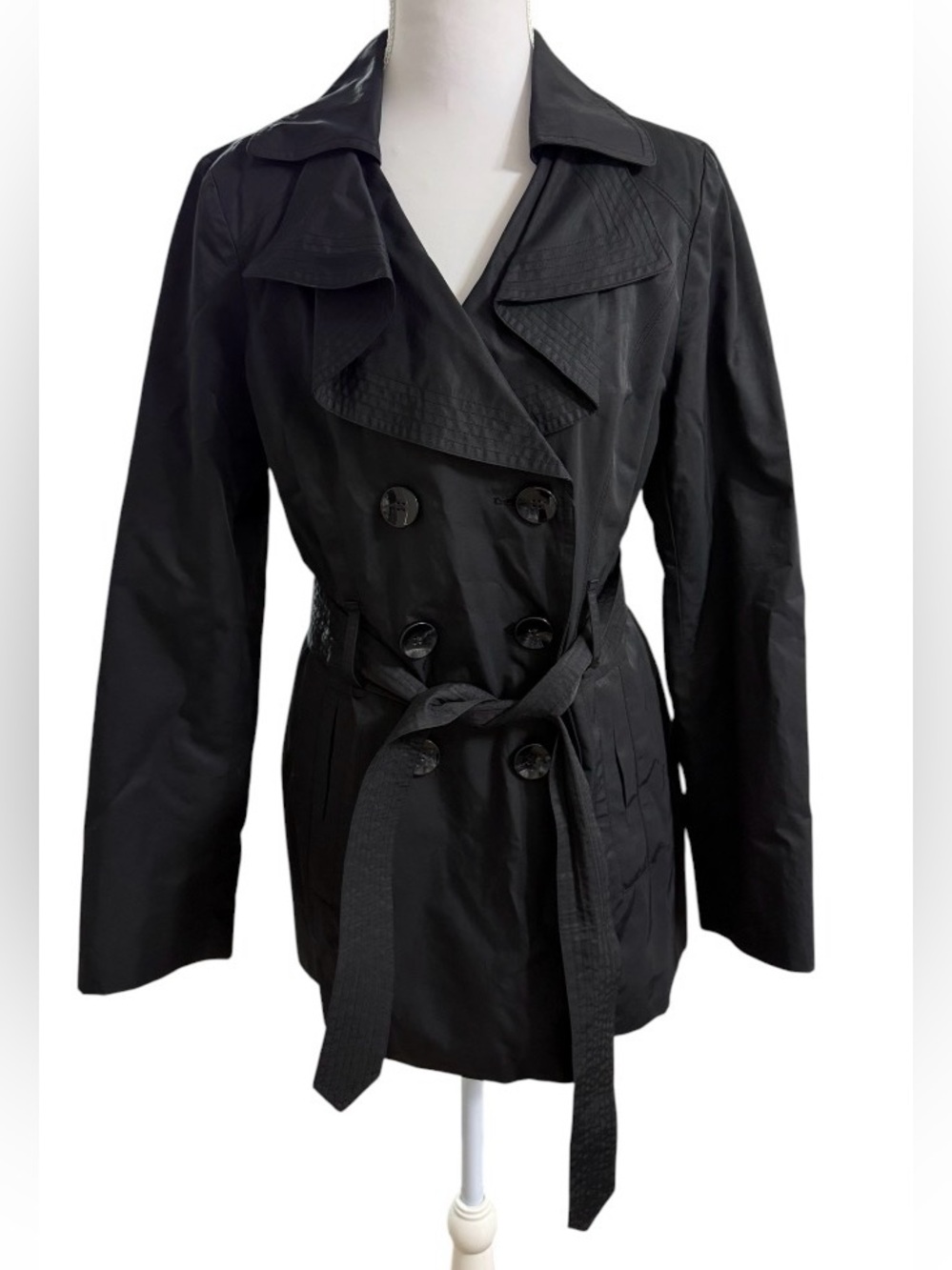 LONDON FOG BLACK DOUBLE BREASTED TRENCH COAT BELTED WOMEN’S SMALL JACKET - Picture 2 of 14